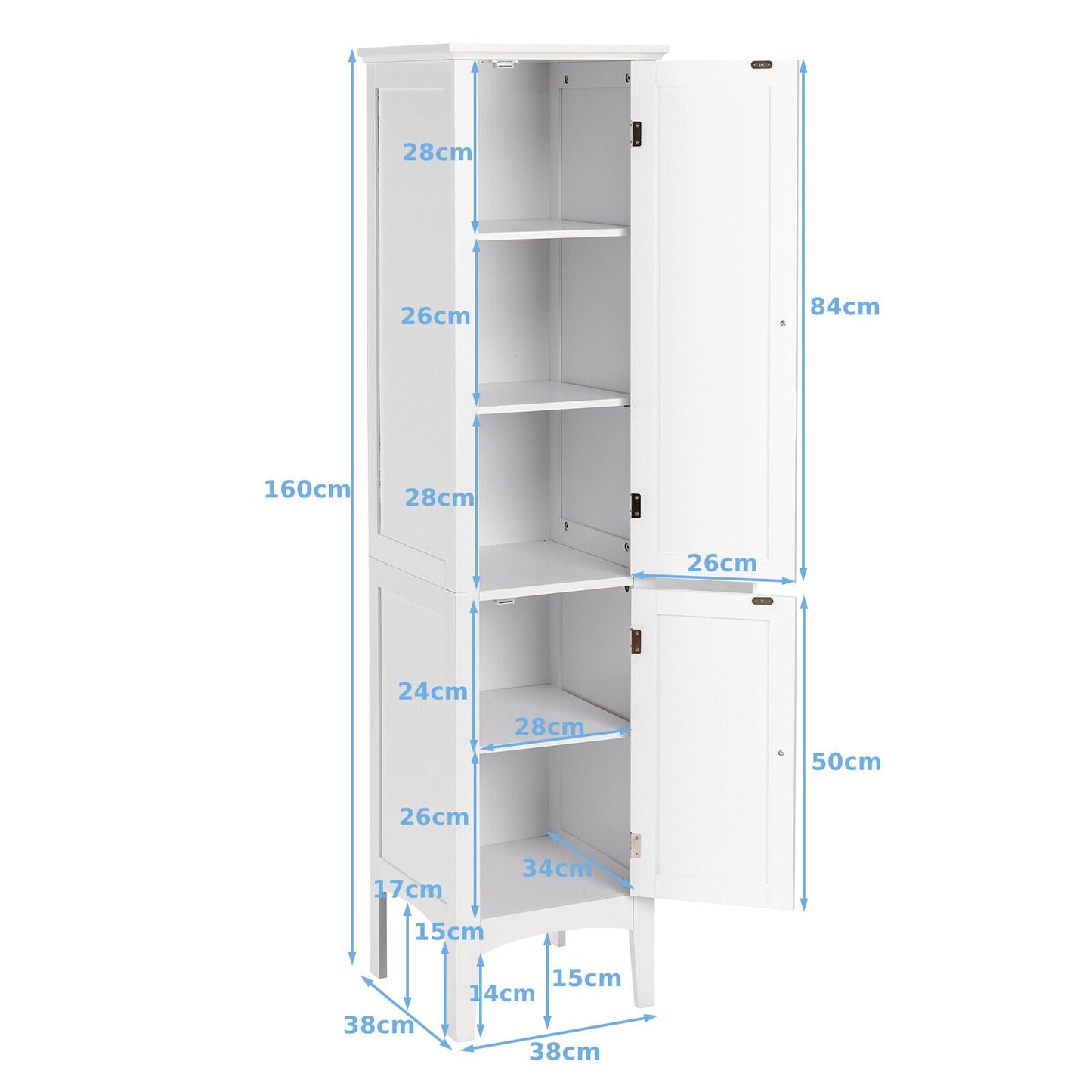 2-Door 160cm High Freestanding Bathroom Cabinet with 5-Tier Shelves-White