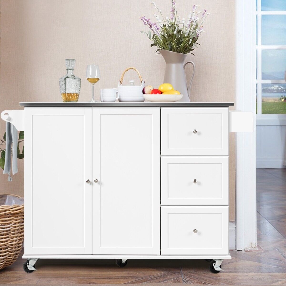 2-Doors Rolling Kitchen Island Cart with 3 Drawers-White