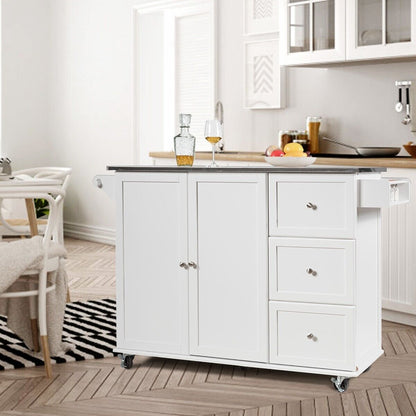 2-Doors Rolling Kitchen Island Cart with 3 Drawers-White