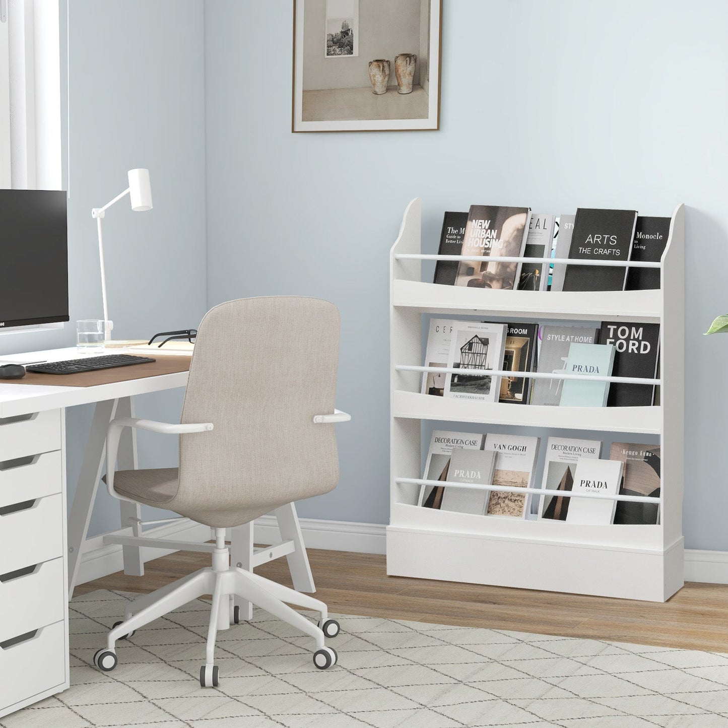 3-Tier Standing Bookshelf with 2 Anti-Tipping Kits and Guardrails-White