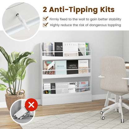 3-Tier Standing Bookshelf with 2 Anti-Tipping Kits and Guardrails-White