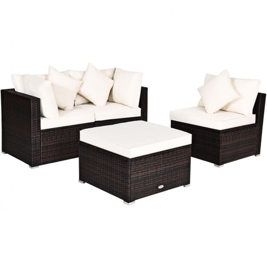 4 Pcs Ottoman Garden Deck Patio Rattan Wicker Furniture Set Cushioned Sofa-White