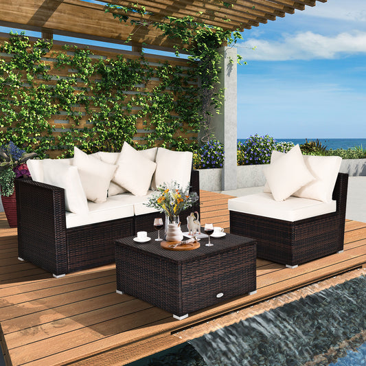 4 Pieces Outdoor Rattan  Conversation Set with Removable Cushions and Pillows-White