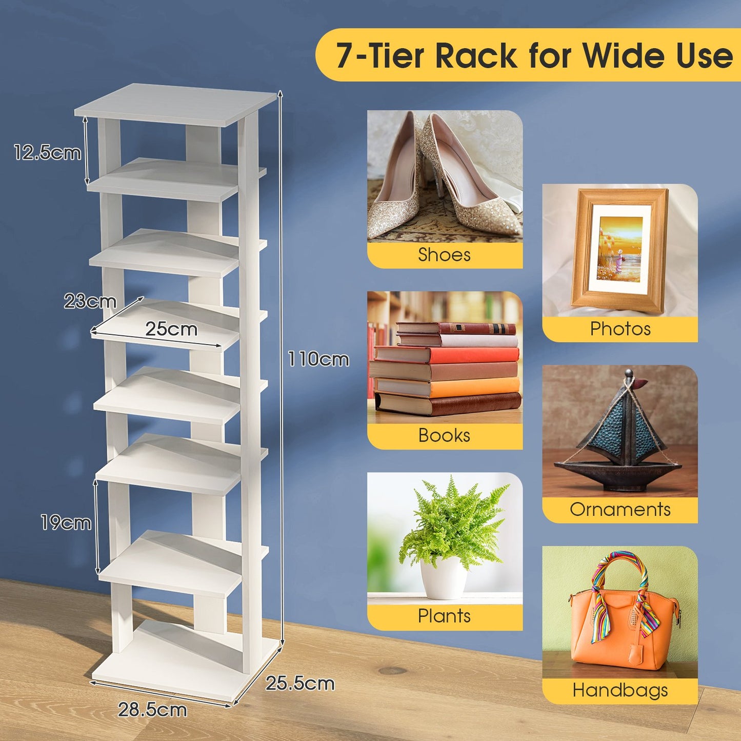 Wooden Vertical Shoe Rack with 7 Shelves-White