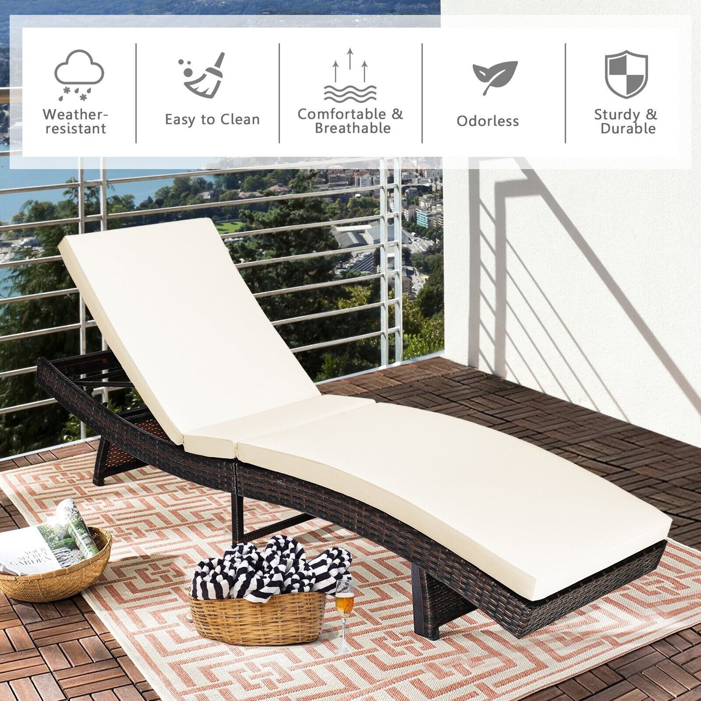 Outdoor Adjustable Folding Chaise Lounge with Removable Thick Cushion-White