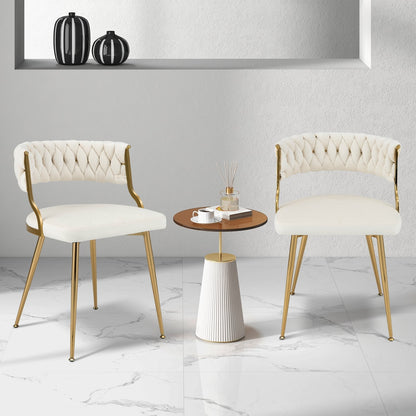 Set of 2 Velvet Dining Chair with Metal Legs and Woven Back-White