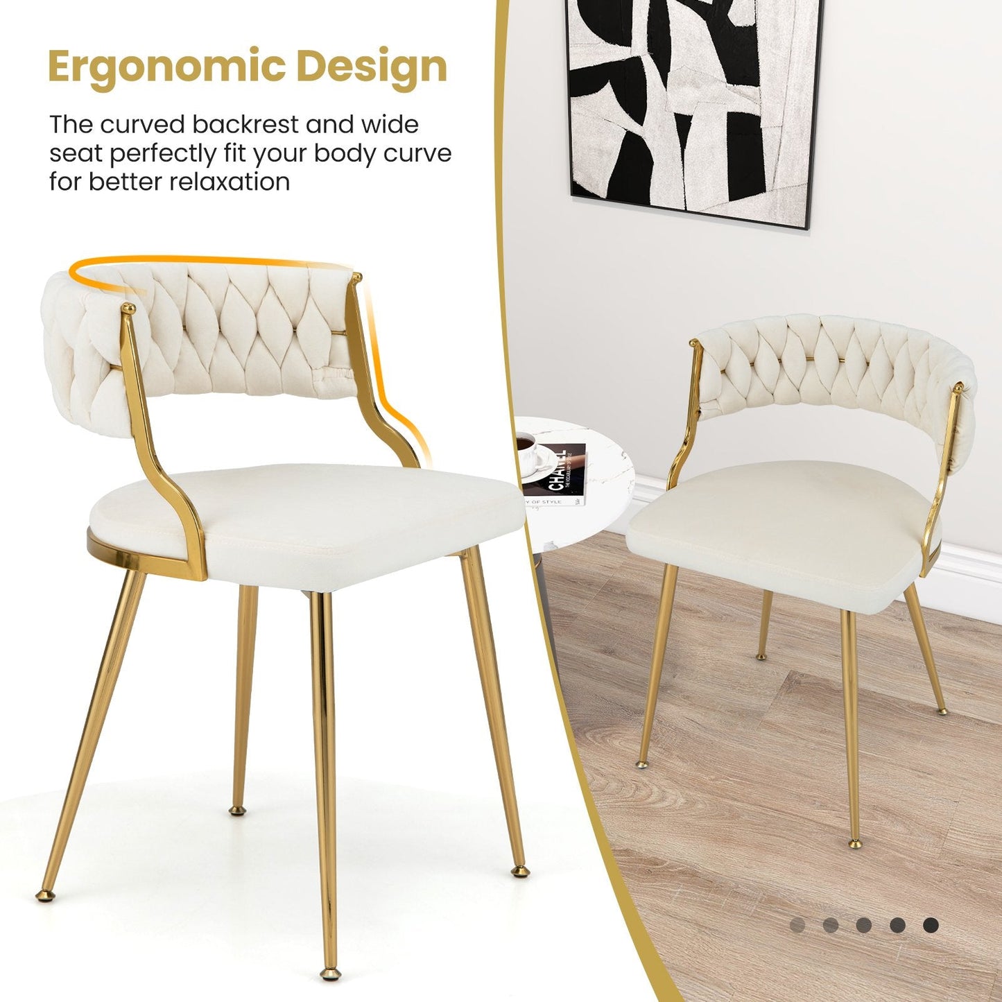 Set of 2 Velvet Dining Chair with Metal Legs and Woven Back-White