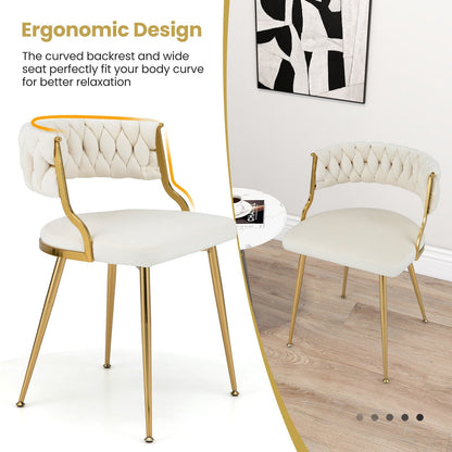 Set of 2 Velvet Dining Chair with Metal Legs and Woven Back-White