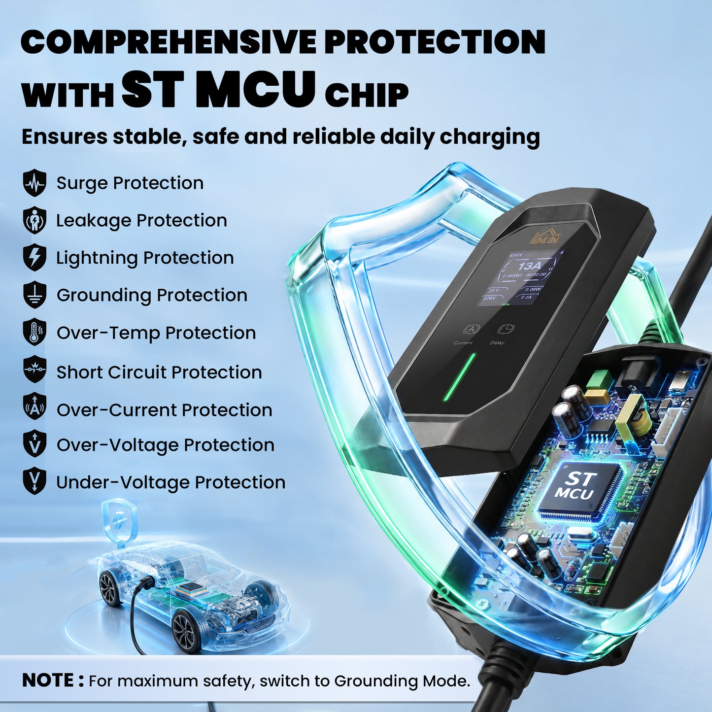 HOMCOM EV Charger Type 2 to 3 Pin Plug, 10 m, 2.8 kW, 6-13 A, Electric Car Charger Type 2 Charging Cable w/ 1-12 h Time Delay