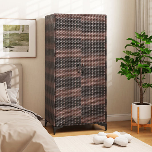 PE Rattan Wardrobe Armoire Closet with Hanging Rod and 4 Storage Cubes for Home Patio Garage-Brown