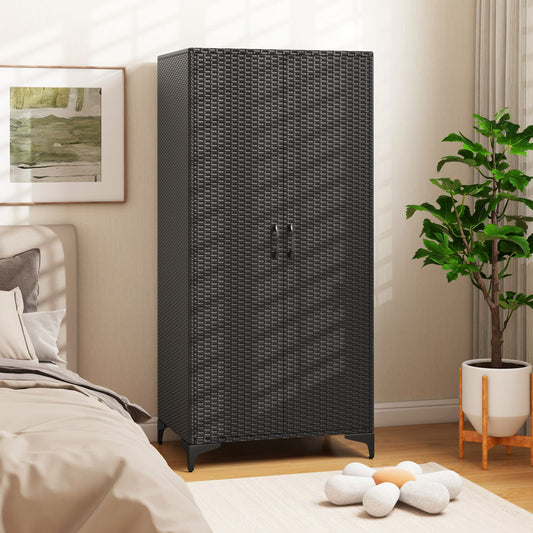 PE Rattan Wardrobe Armoire Closet with Hanging Rod and 4 Storage Cubes for Home Patio Garage-Black