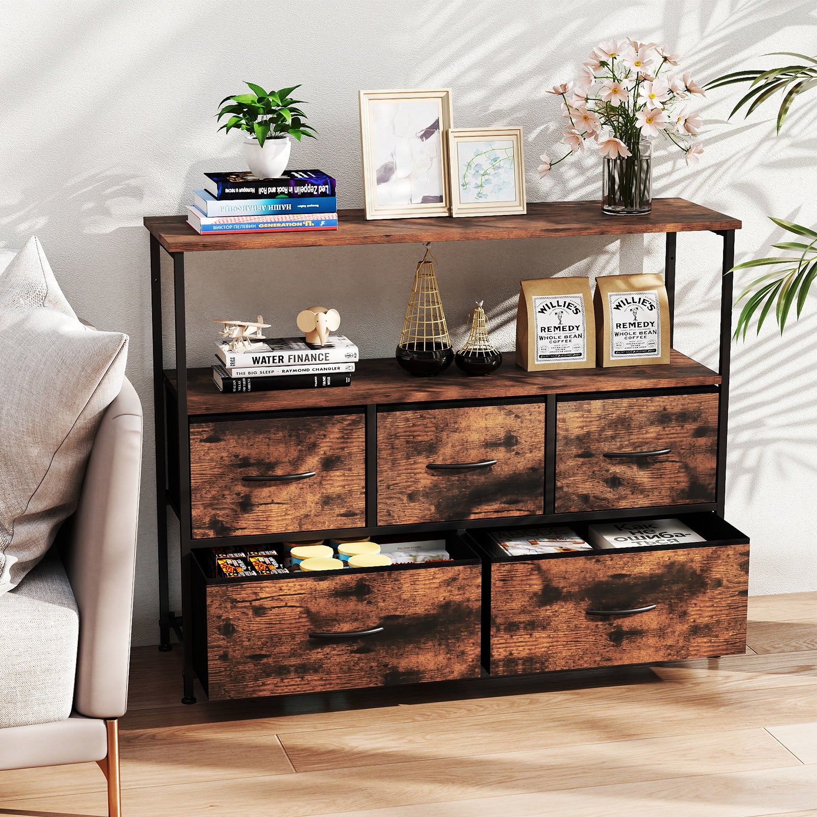 Wide Chest of Drawers with 2 Open Shelves and Heavy Duty Metal Frame-Rustic Brown