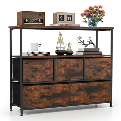 Wide Chest of Drawers with 2 Open Shelves and Heavy Duty Metal Frame-Rustic Brown