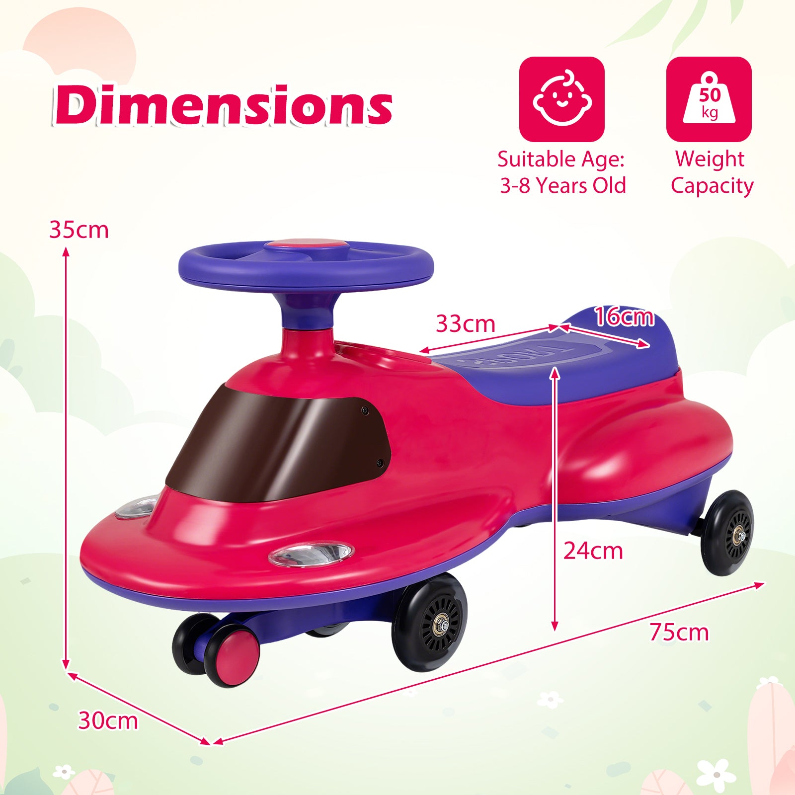 Wiggle Car with Under-seat Storage and LED Flashing Wheels-Pink
