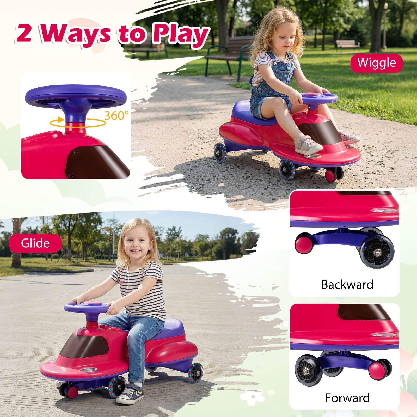 Wiggle Car with Under-seat Storage and LED Flashing Wheels-Pink