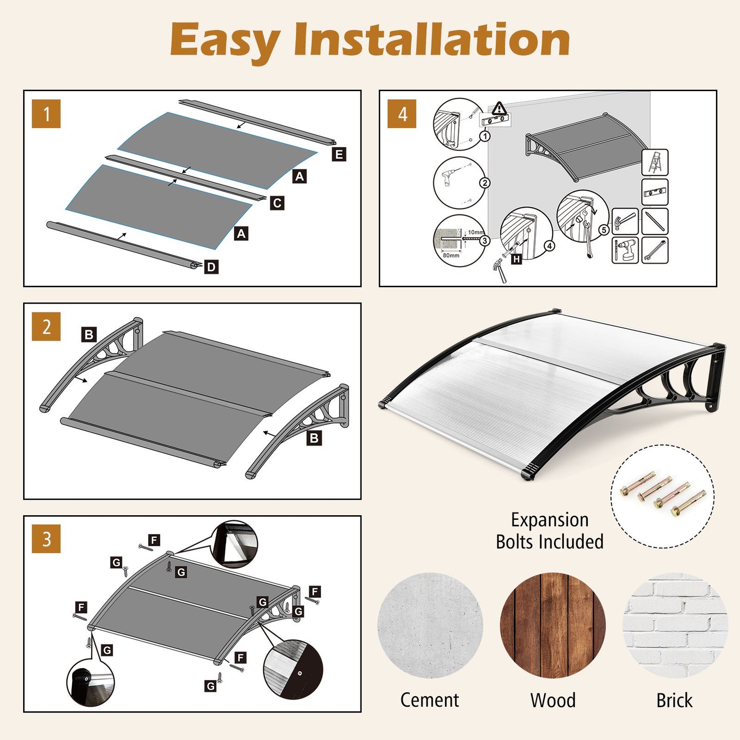 102 x 98 CM Window Door Awning Canopy-Transparent