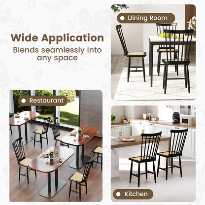Windsor Dining Chair Set of 2 with Spindle Back and PE Rattan Seat for Kitchen-Black
