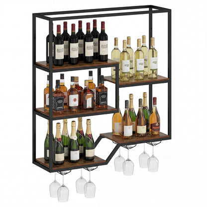 Wine Rack Wall Mounted 5-Tier Wine Bottle Display Shelf with 4 Wine Glass Holders-Rustic Brown