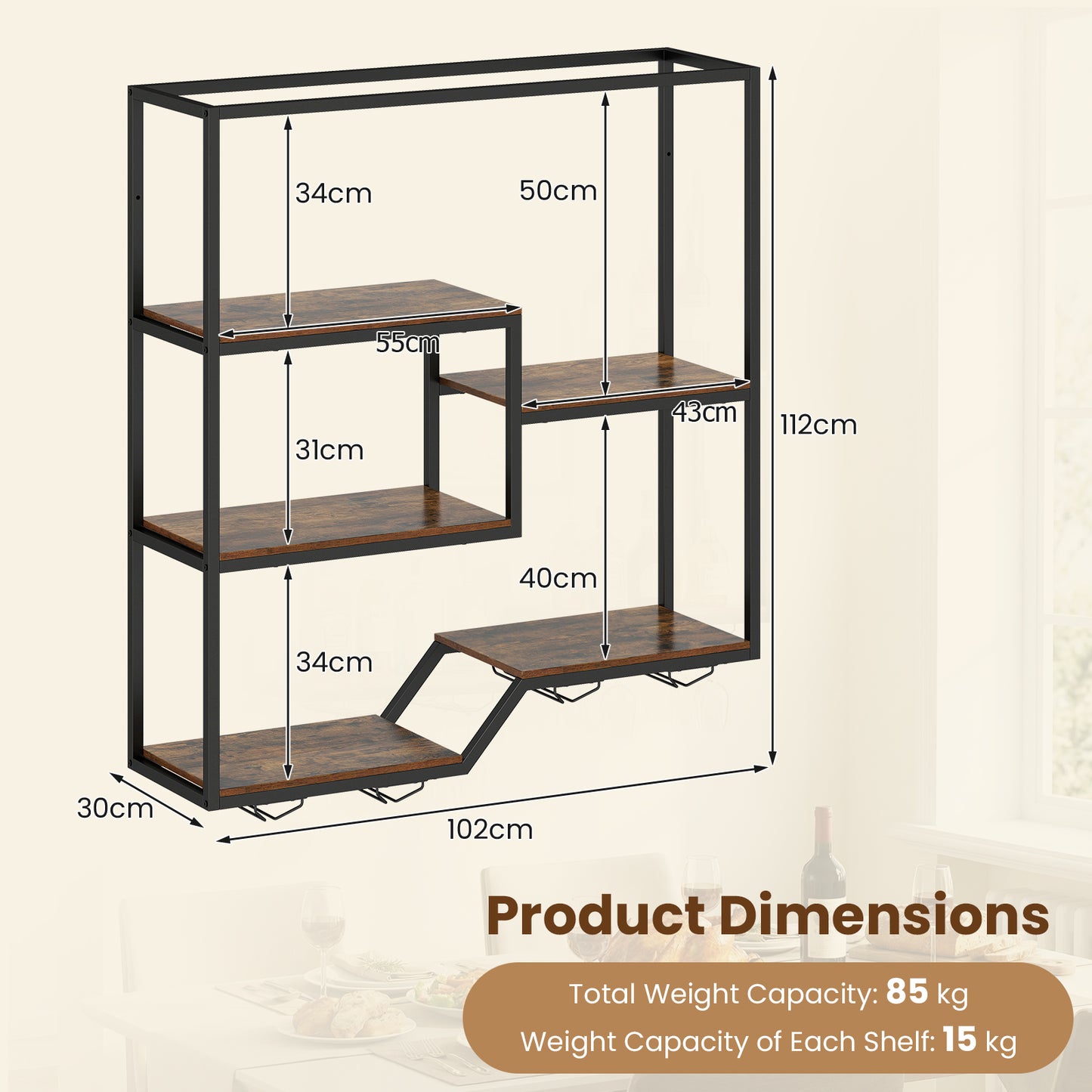 Wine Rack Wall Mounted 5-Tier Wine Bottle Display Shelf with 4 Wine Glass Holders-Rustic Brown