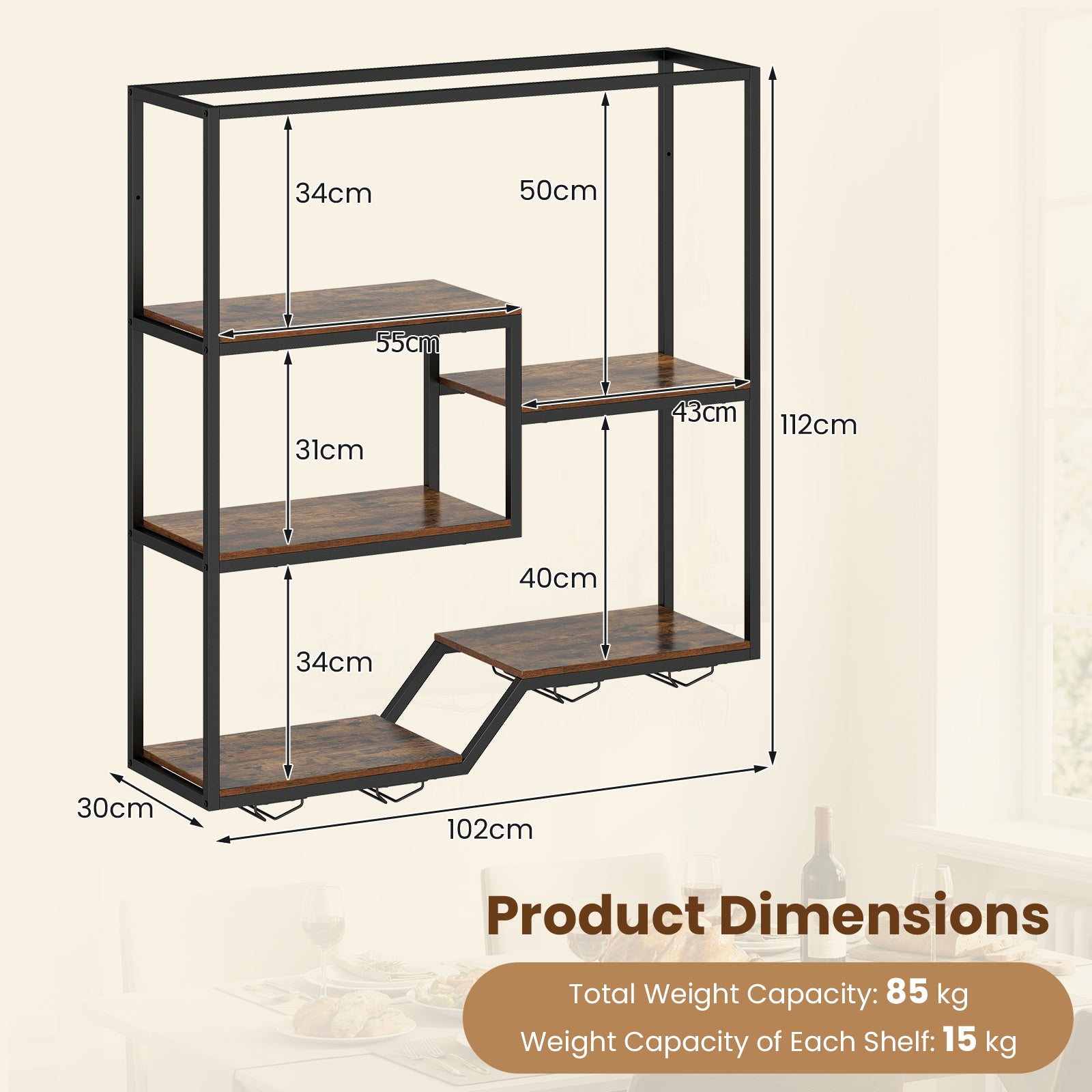 Wine Rack Wall Mounted 5-Tier Wine Bottle Display Shelf with 4 Wine Glass Holders-Rustic Brown