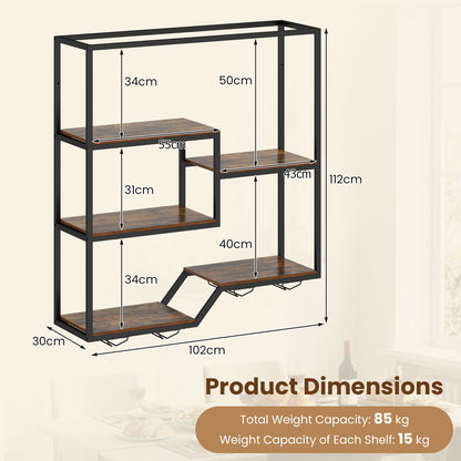 Wine Rack Wall Mounted 5-Tier Wine Bottle Display Shelf with 4 Wine Glass Holders-Rustic Brown