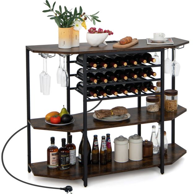 Wine Bar Cabinet 3-Tier Wine Rack with Shelves and Glass Holders-Brown
