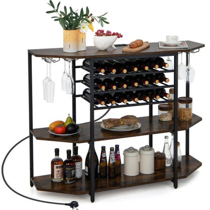 Wine Bar Cabinet 3-Tier Wine Rack with Shelves and Glass Holders-Brown