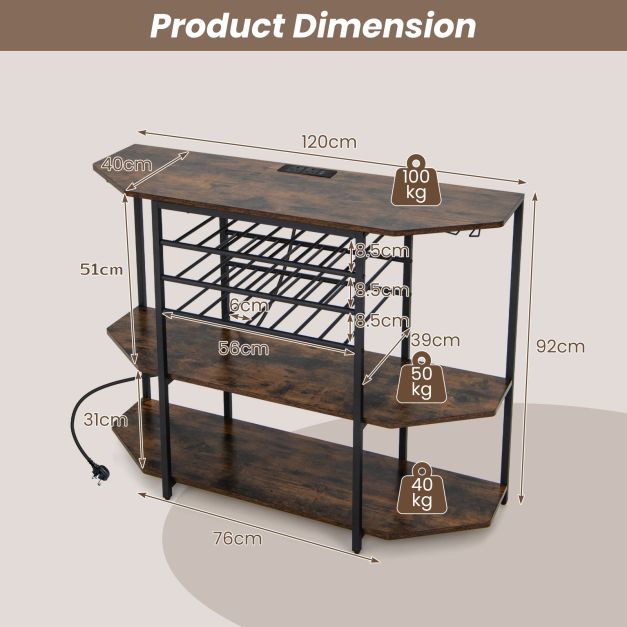 Wine Bar Cabinet 3-Tier Wine Rack with Shelves and Glass Holders-Brown