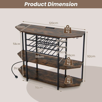 Wine Bar Cabinet 3-Tier Wine Rack with Shelves and Glass Holders-Brown