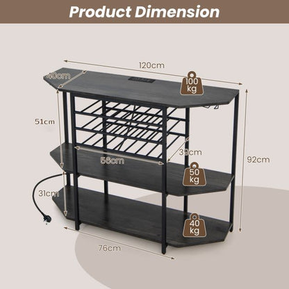Wine Bar Cabinet 3-Tier Wine Rack with Shelves and Glass Holders-Grey
