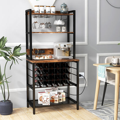 Wine Bar Cabinet Industrial 4 Tier with Glass Holders-Brown