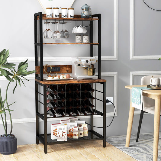 Wine Bar Cabinet Industrial 4 Tier with Glass Holders-Brown