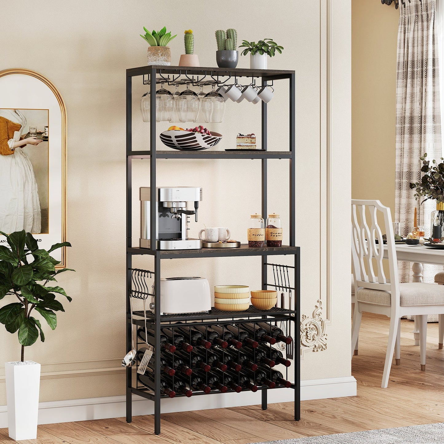 Wine Organizer with Power Outlet Multi-Tier Bakers Rack with Glass-Grey