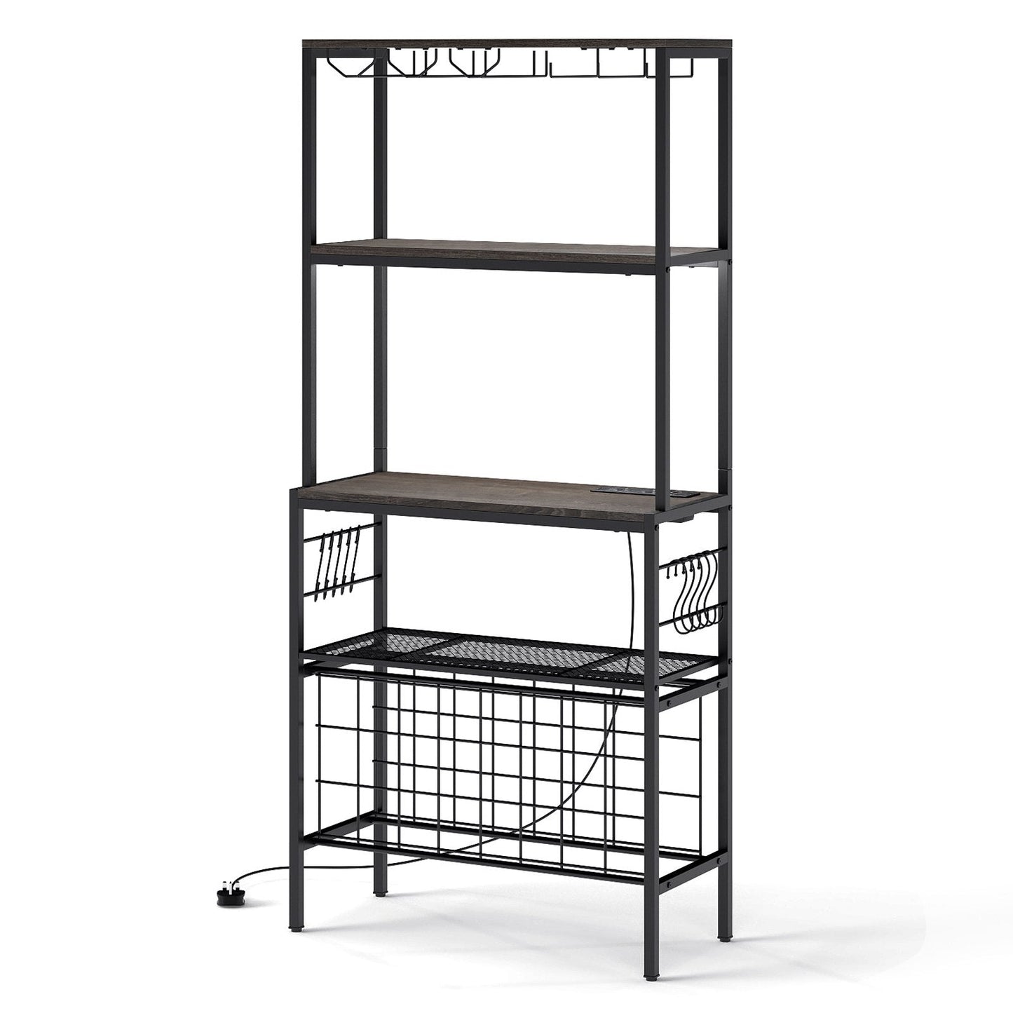Wine Organizer with Power Outlet Multi-Tier Bakers Rack with Glass-Grey