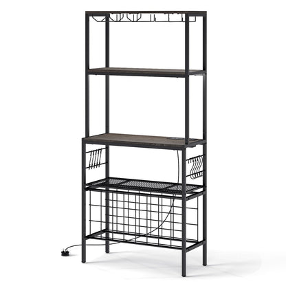 Wine Organizer with Power Outlet Multi-Tier Bakers Rack with Glass-Grey