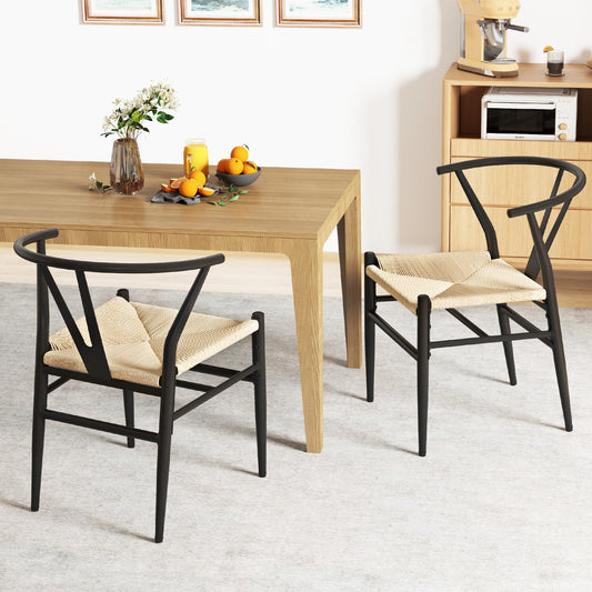 Wishbone Dining Chair Set of 2 with Y-Shaped Backrest and Woven Twine Seat-Beige