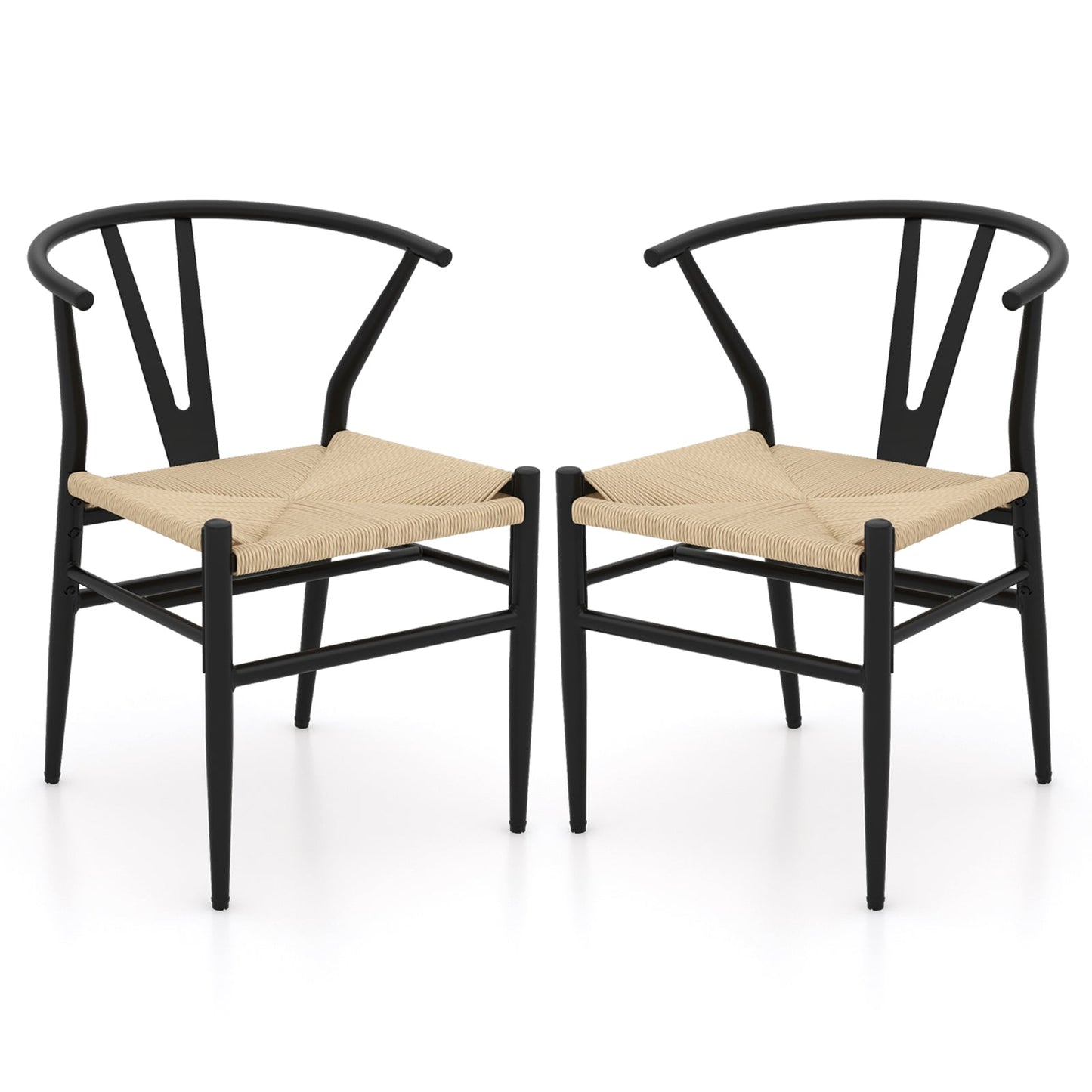 Wishbone Dining Chair Set of 2 with Y-Shaped Backrest and Woven Twine Seat-Beige