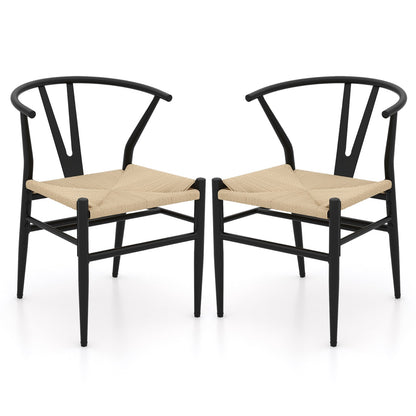 Wishbone Dining Chair Set of 2 with Y-Shaped Backrest and Woven Twine Seat-Beige