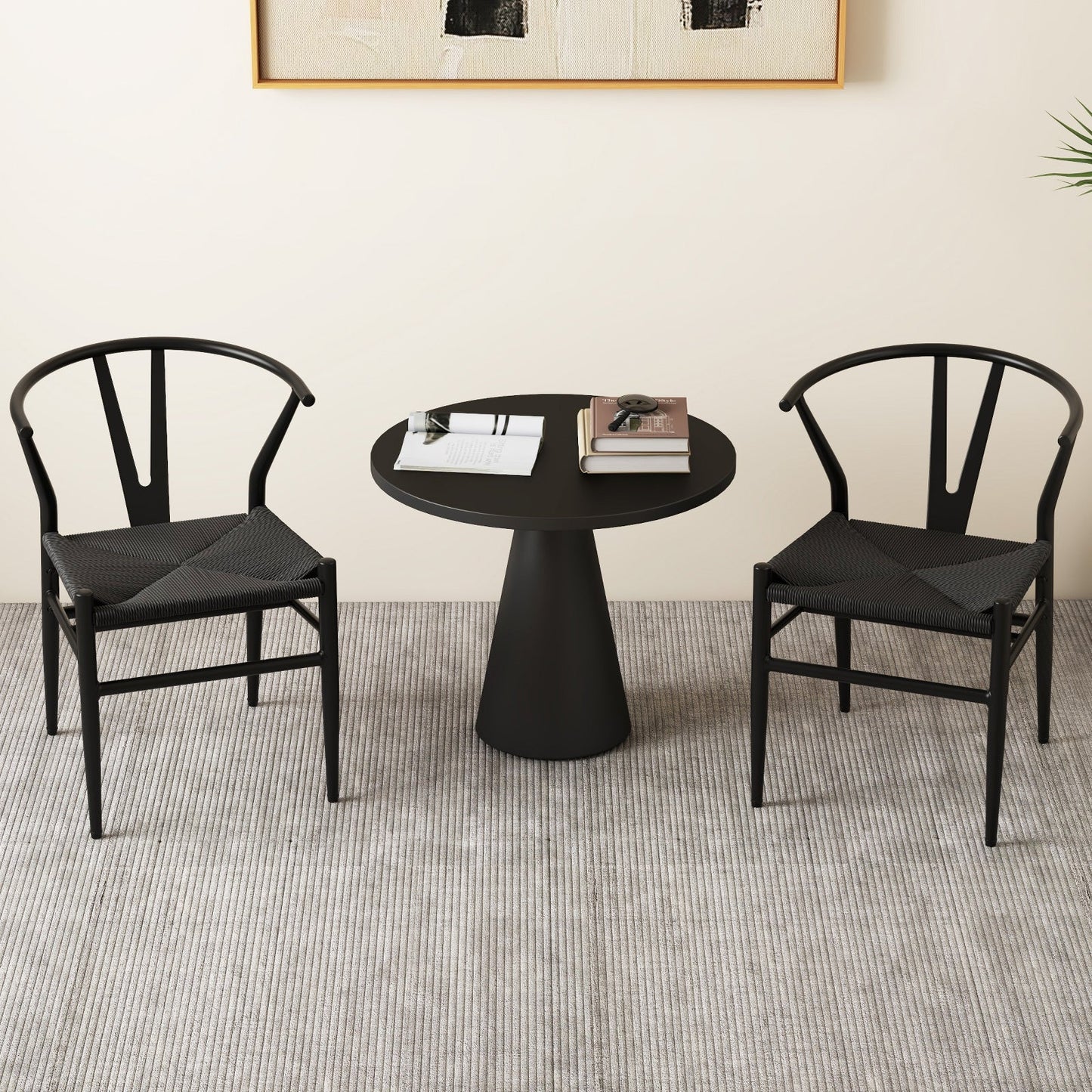 Wishbone Dining Chair Set of 2 with Y-Shaped Backrest and Woven Twine Seat-Black