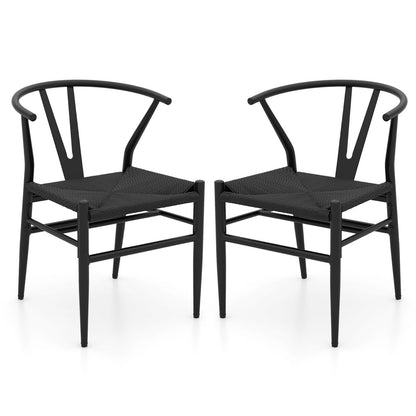 Wishbone Dining Chair Set of 2 with Y-Shaped Backrest and Woven Twine Seat-Black