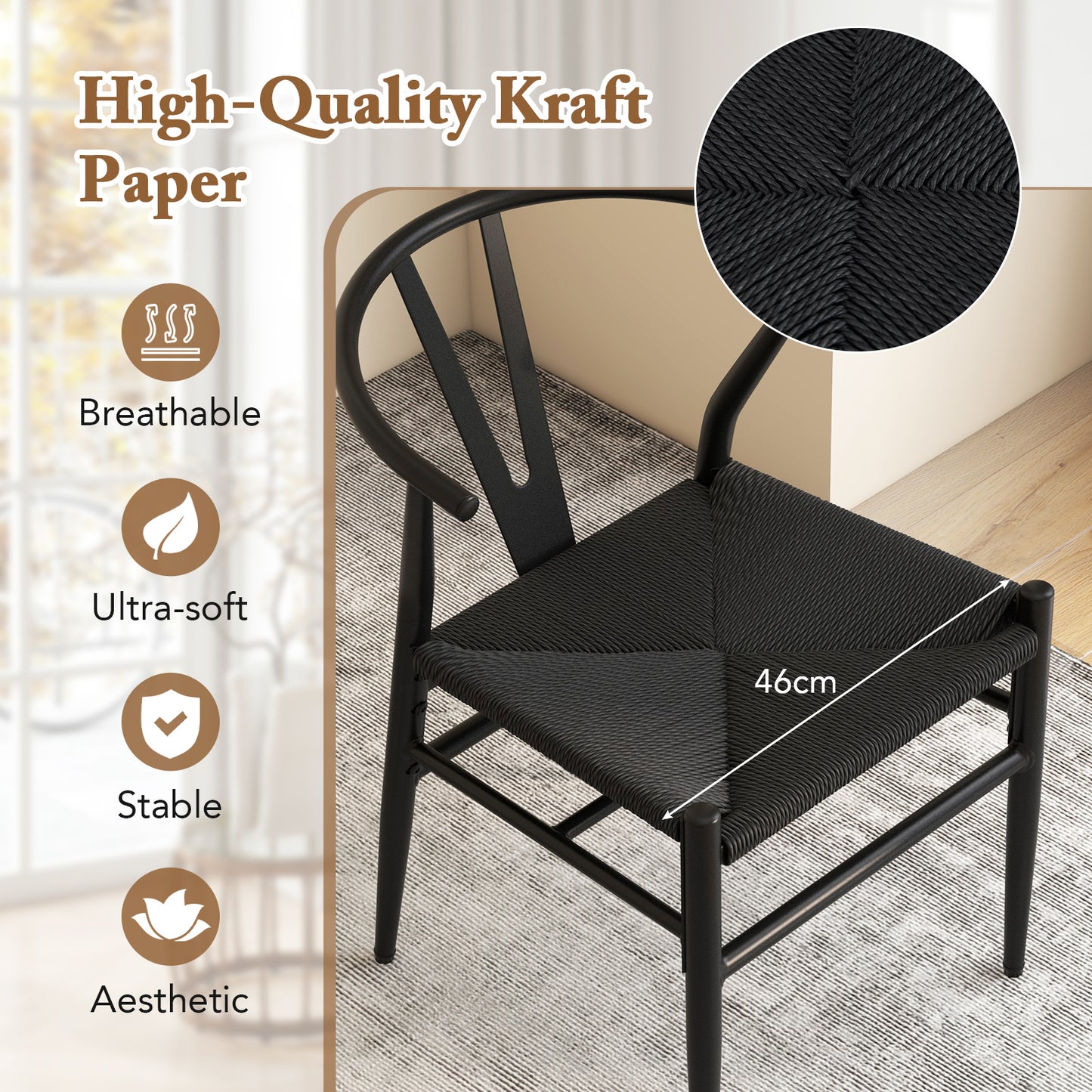 Wishbone Dining Chair Set of 2 with Y-Shaped Backrest and Woven Twine Seat-Black