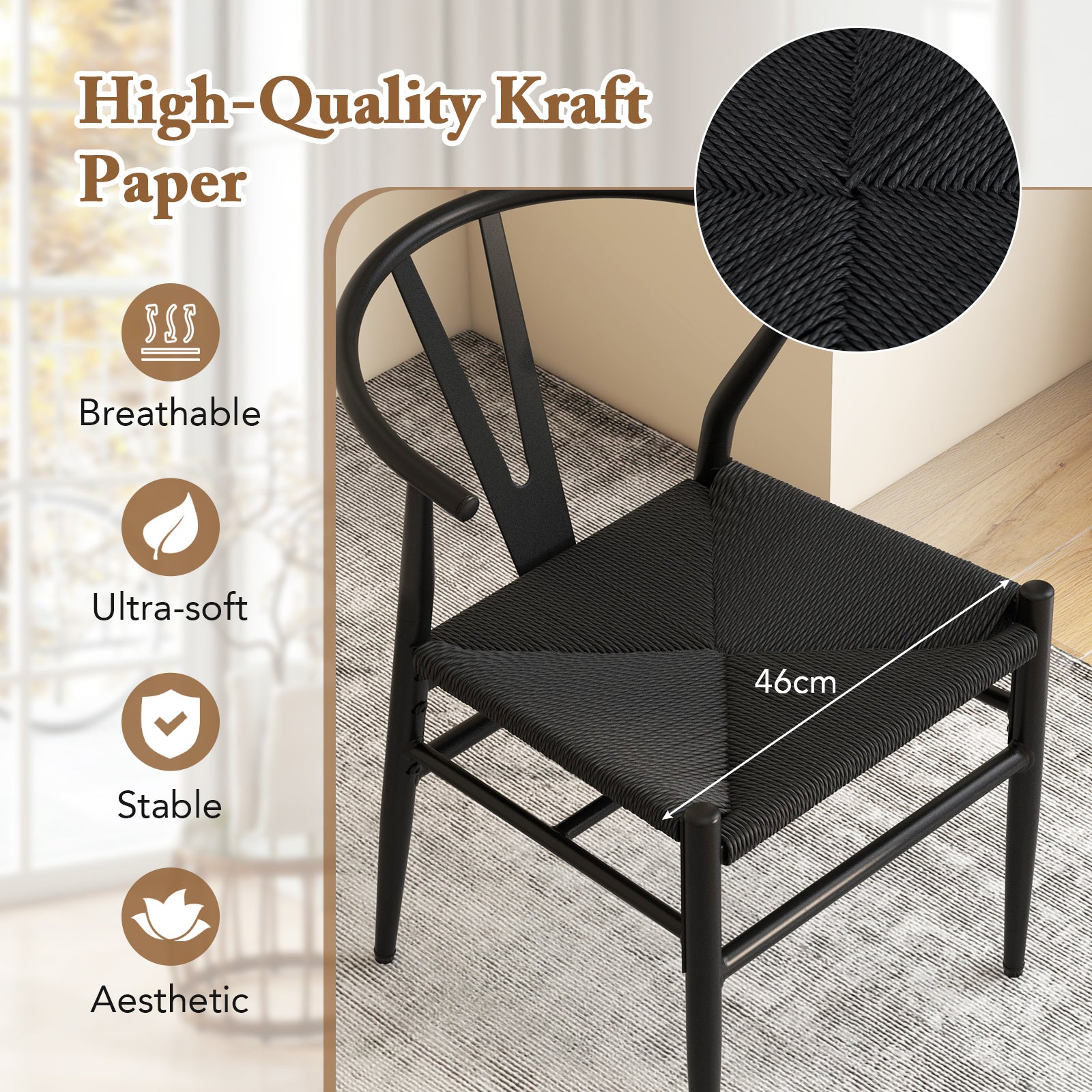 Wishbone Dining Chair Set of 2 with Y-Shaped Backrest and Woven Twine Seat-Black