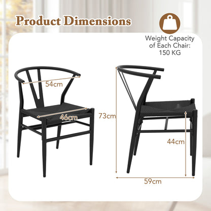 Wishbone Dining Chair Set of 2 with Y-Shaped Backrest and Woven Twine Seat-Black