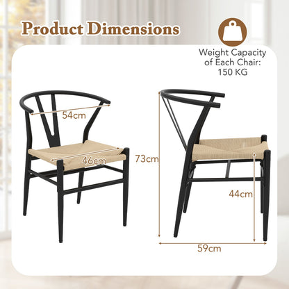 Wishbone Dining Chair Set of 2 with Y-Shaped Backrest and Woven Twine Seat-Beige