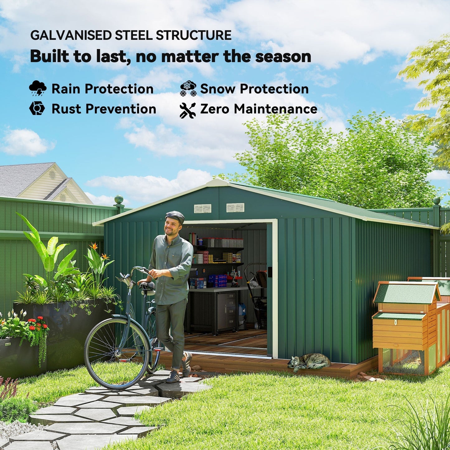 Outsunny 12.5 x 11.1ft Steel Sliding Door Storage Shed - Green