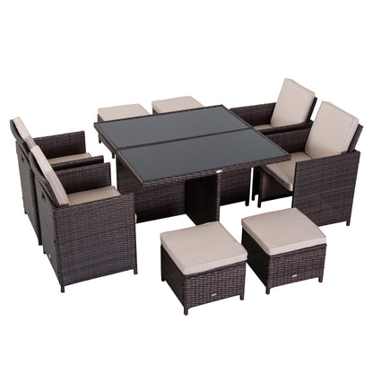 Outsunny 8 Seater Rattan Cube Garden Furniture Set, Rattan Dining Set with Cushions, Outdoor Dining Table and Chairs with 4 Armchairs, 4 Stools, Square Glass Top Table for Patio, Balcony, Brown