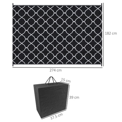 Outsunny Reversible Outdoor Rug, plastikowa mata słomiana z torbą transportową, kołki do mocowania na ziemi, do ogrodu, kempingu, pikniku, plaży, 182x274cm, czarny