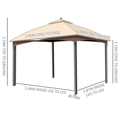 Outsunny 4 x 3(m) Patio Metal Gazebo, Garden Canopy Shelter with Double Tier Roof, Removable Netting and Curtains Marquee Tent, Khaki