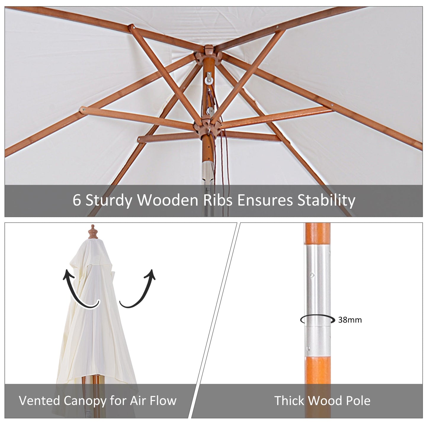 Outsunny 2m x 1.5m Patio Garden Parasol Sun Umbrella Sunshade Canopy Outdoor Backyard Furniture Fir Wooden Pole 6 Ribs Tilt Mechanism -  Cream White