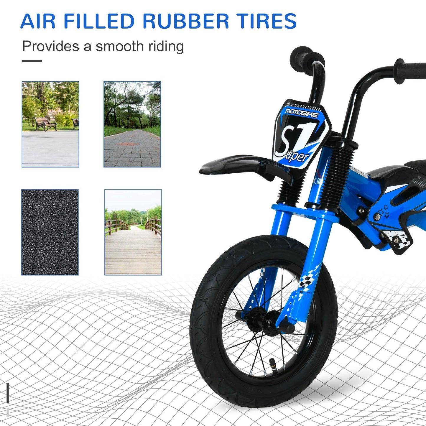 12" Kids Balance Bike, No Pedal Training Bicycle, Motorbike Look, Steel Frame with Air Filled Tires, Handlebar, PU Seat for 3-6 Years Old, Blue